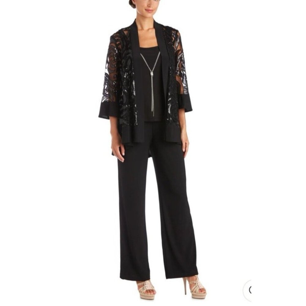R & M Richards 16W Black 3 Pc Set Jacket Pant Suit Party Wedding Guest $190 NEW
